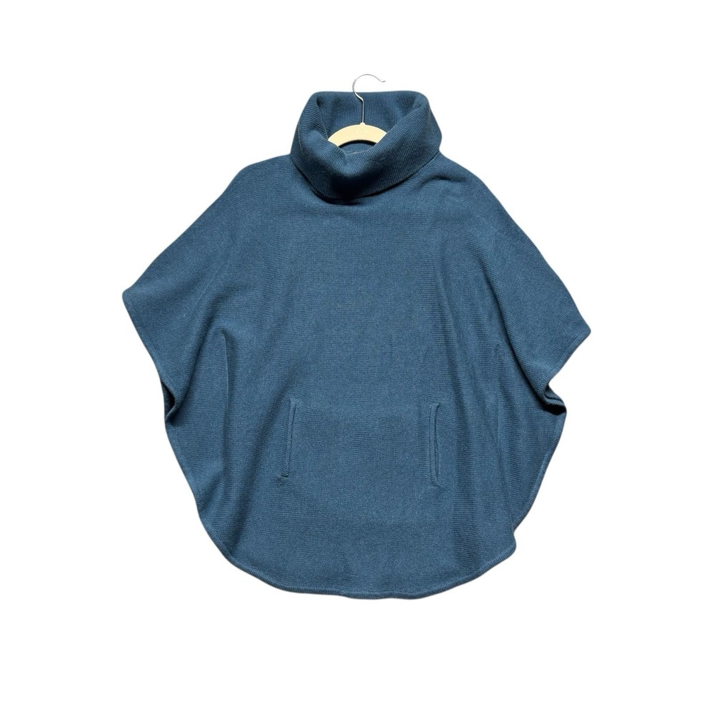 Pure Amici 100% Cashmere Poncho Sweater Blue Turtleneck Kangaroo‎ Pocket Medium
